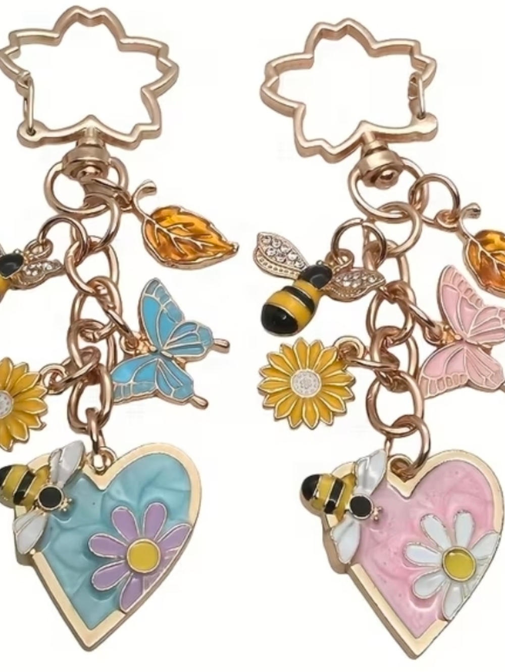 HANDMADE SUMMER THEME KEYCHAIN BEES BUTTERFLY FLOWER BAG ACCESSORY PINK OR BLUE - Picture 3 of 4